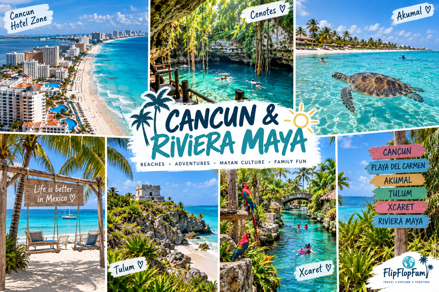 Collage of Cancun & the Riviera Maya: Cancun hotel zone, cenotes, turtles in Akumal, Tulum, Xcaret