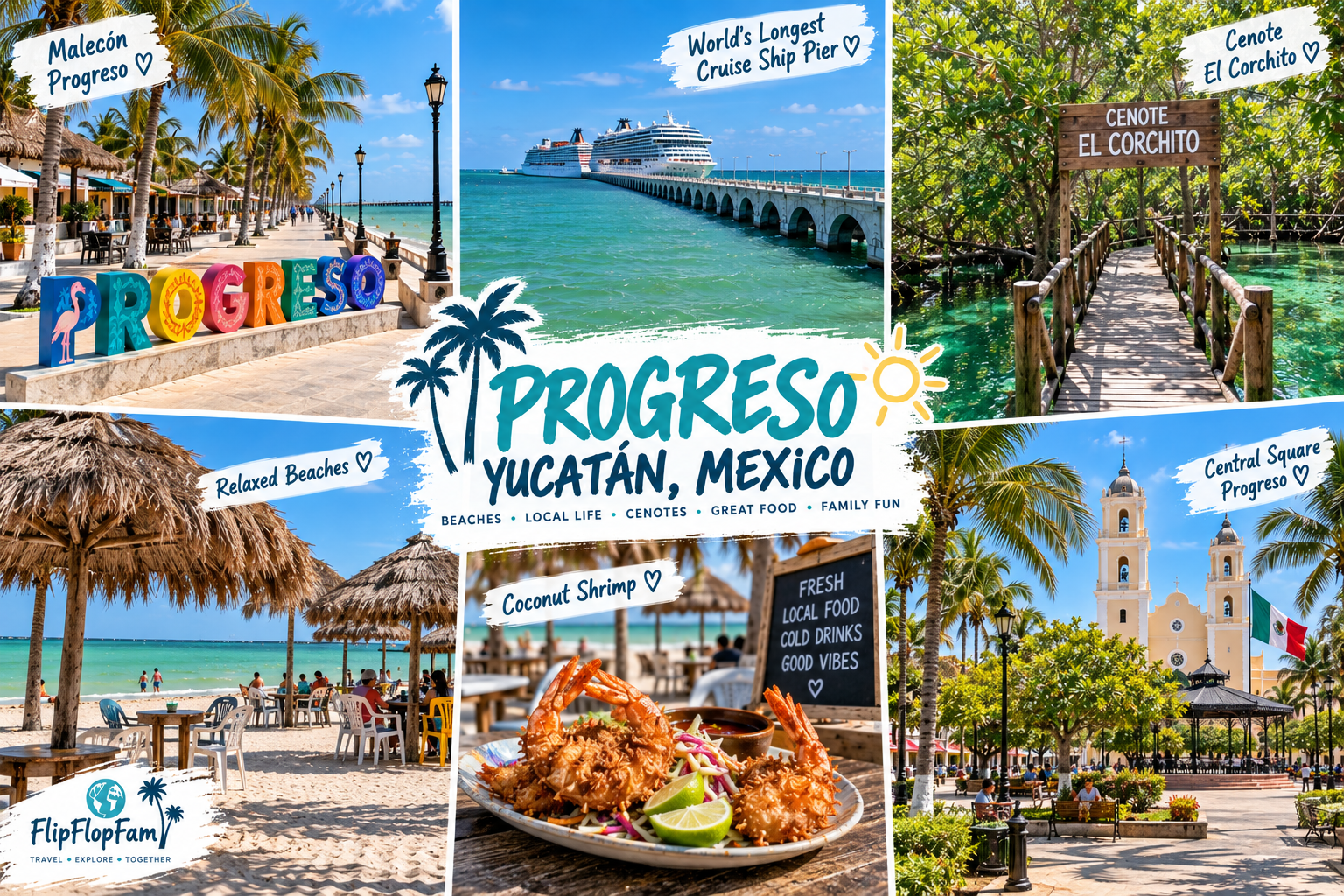 Progreso, Yucatan: longest cruise ship pier, El Corchito Cenote, town square, Malecon & beach, Yucatecan cuisine